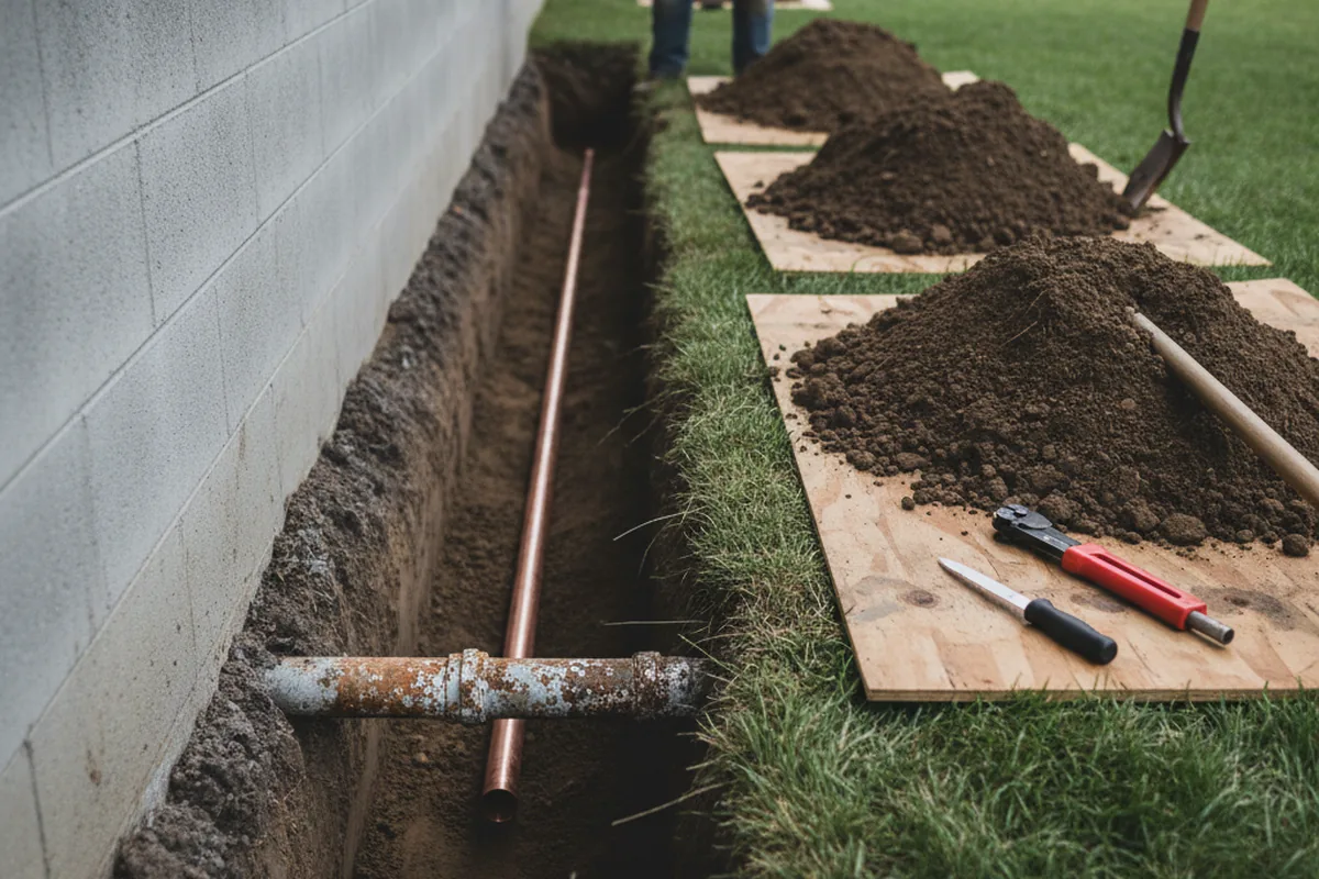 Excavated water line trench during Sewer Line Repair in Benld